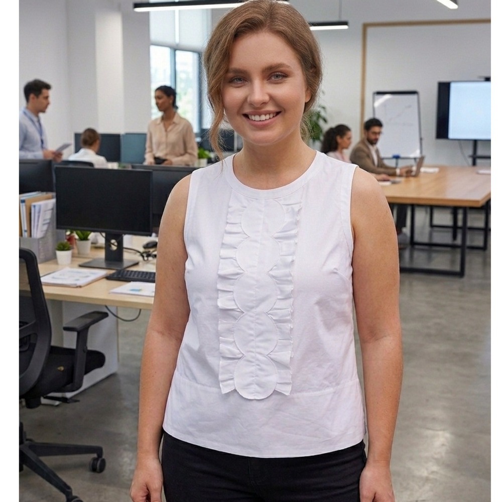 Kate Spade New York White Ruffle Front Sleeveless Top Size 10 Cotton Blend